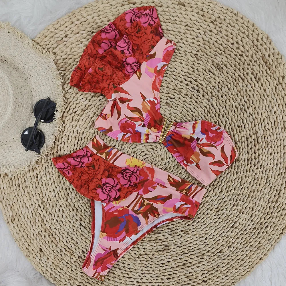 Women's one-shoulder ruffled printed bikini with high waist briefs in pink with red flower pattern