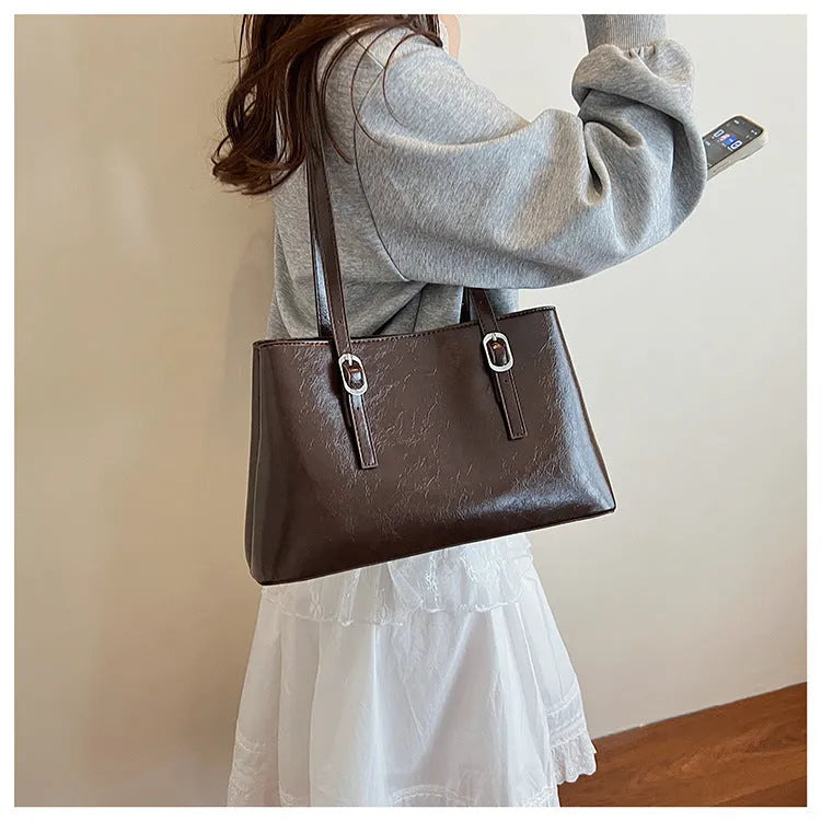 Fashion retro underarm shoulder bag in brown PU with sewing line detail, horizontal square shape