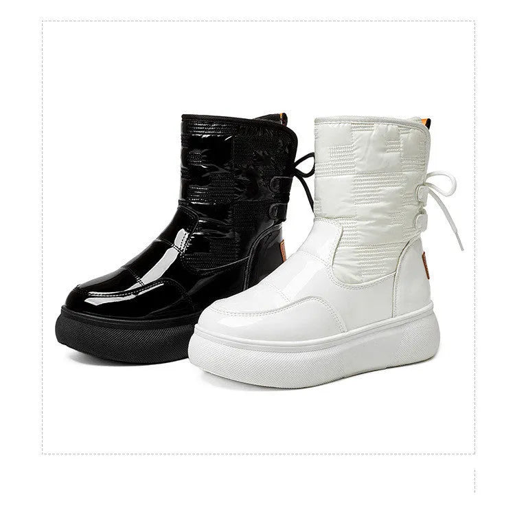 Women's ankle boots flat-bottomed thick-soled artificial PU black velvet cotton lining low heel