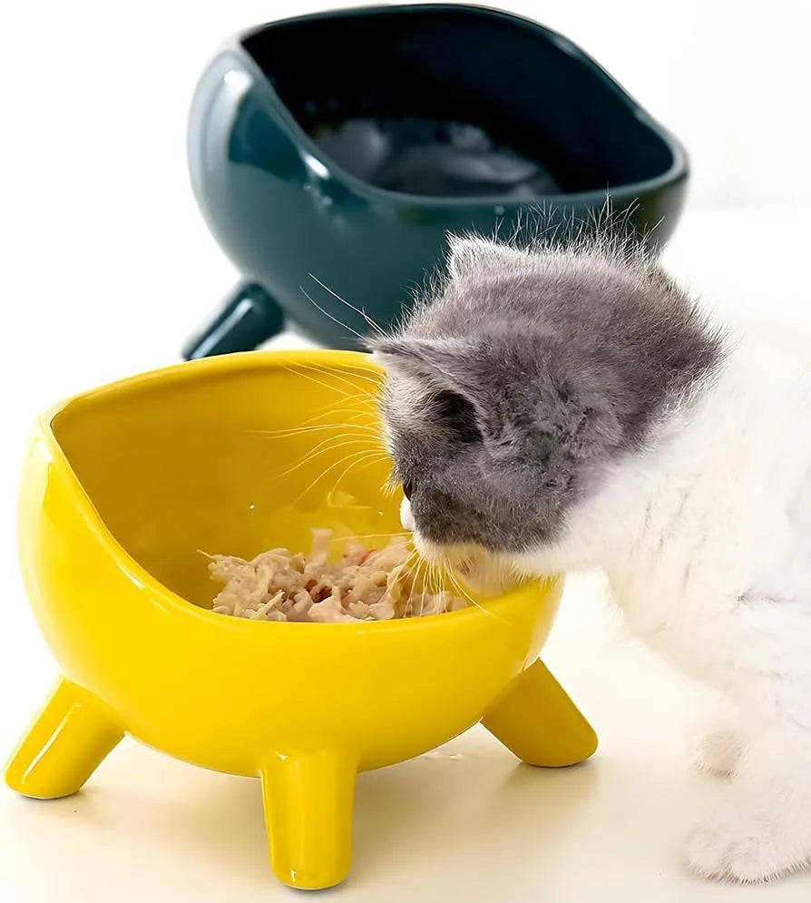Green four-legged ceramic pet bowl for cats and small dogs on floor