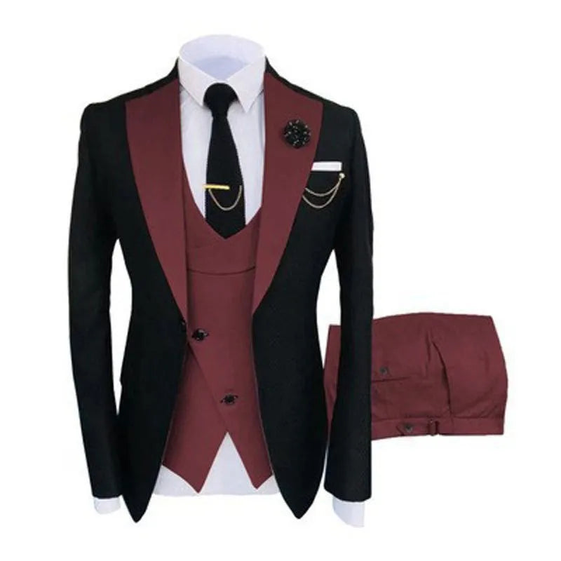 Men's slim fit three-piece business suit in cotton fabric with coat, vest and trousers