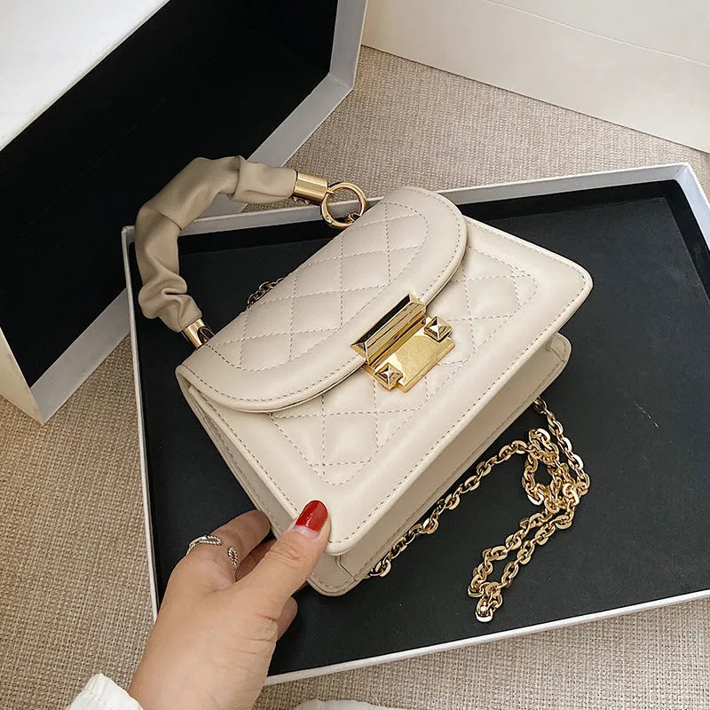 Rhombus shaped women's shoulder bag in soft PU fabric with 112cm strap in purple, black or beige