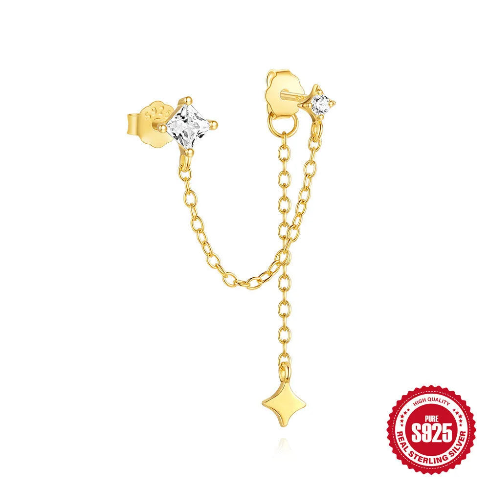 S925 sterling silver earrings with zircon detailing in golden chain stud and double ear piercing designs