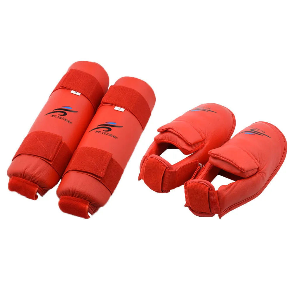 Karate Taekwondo protective gear set showing leg guard, helmet, and boxing gloves in red colour