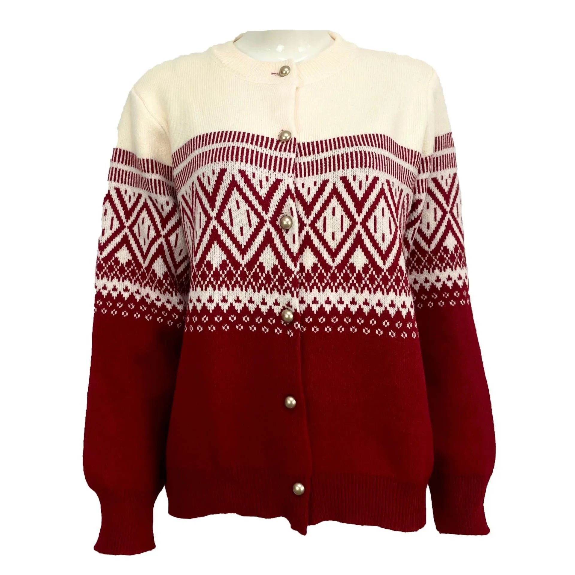 Women's long-sleeved grey alpaca wool cardigan with contrasting diamond knit pattern.