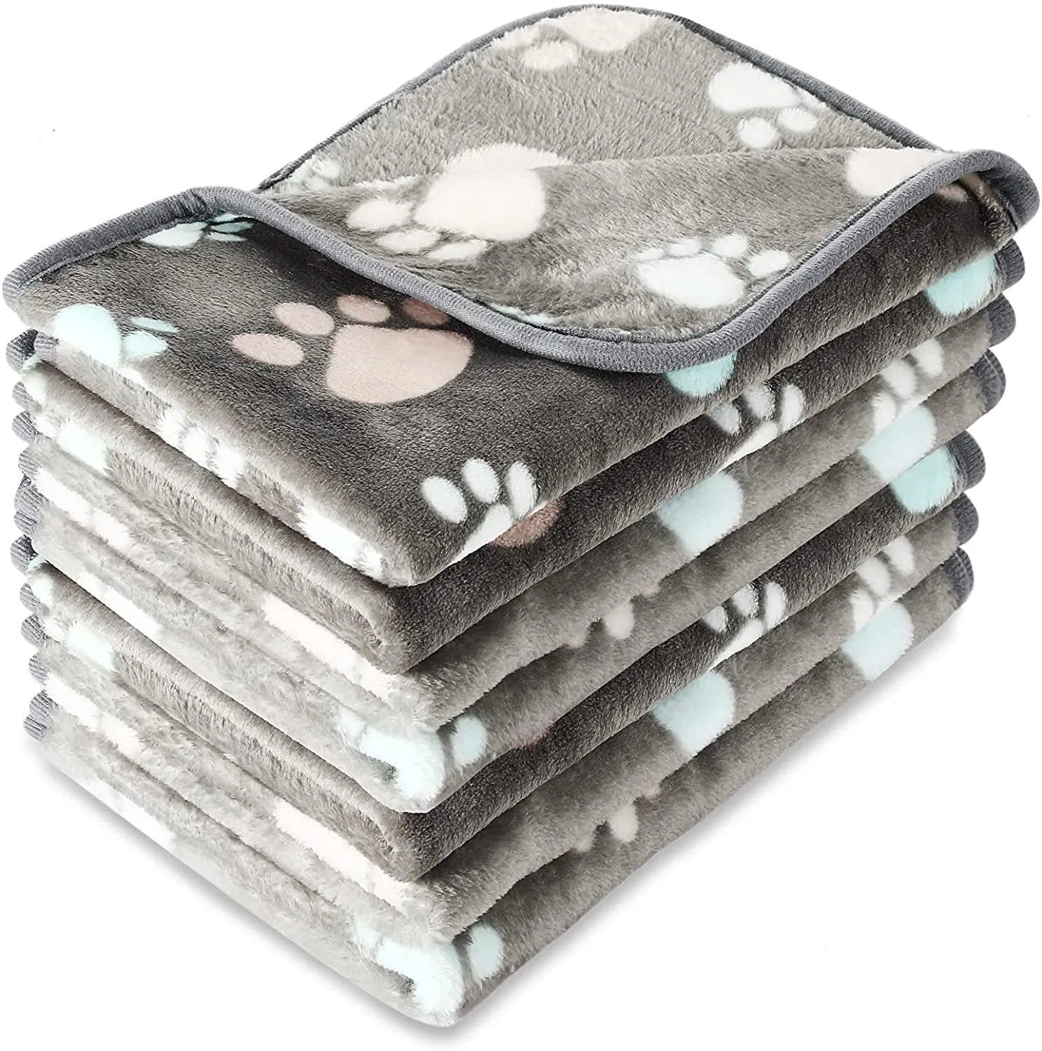 Coral fleece dog blanket with paw print design, shown in camel colour, size L (100x120 cm).