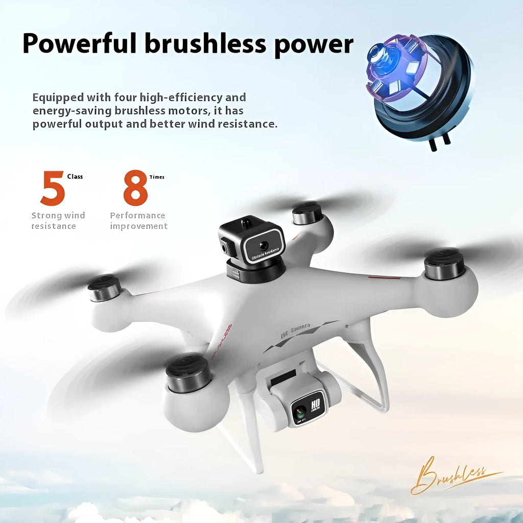 Black HD brushless UAV drone with four-side obstacle avoidance sensors and camera visible on compact plastic frame