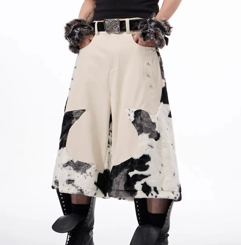 Milk fibre blend cropped trousers with fur stitching in a fashionable city style, showing personalised checkered and striped pattern options.