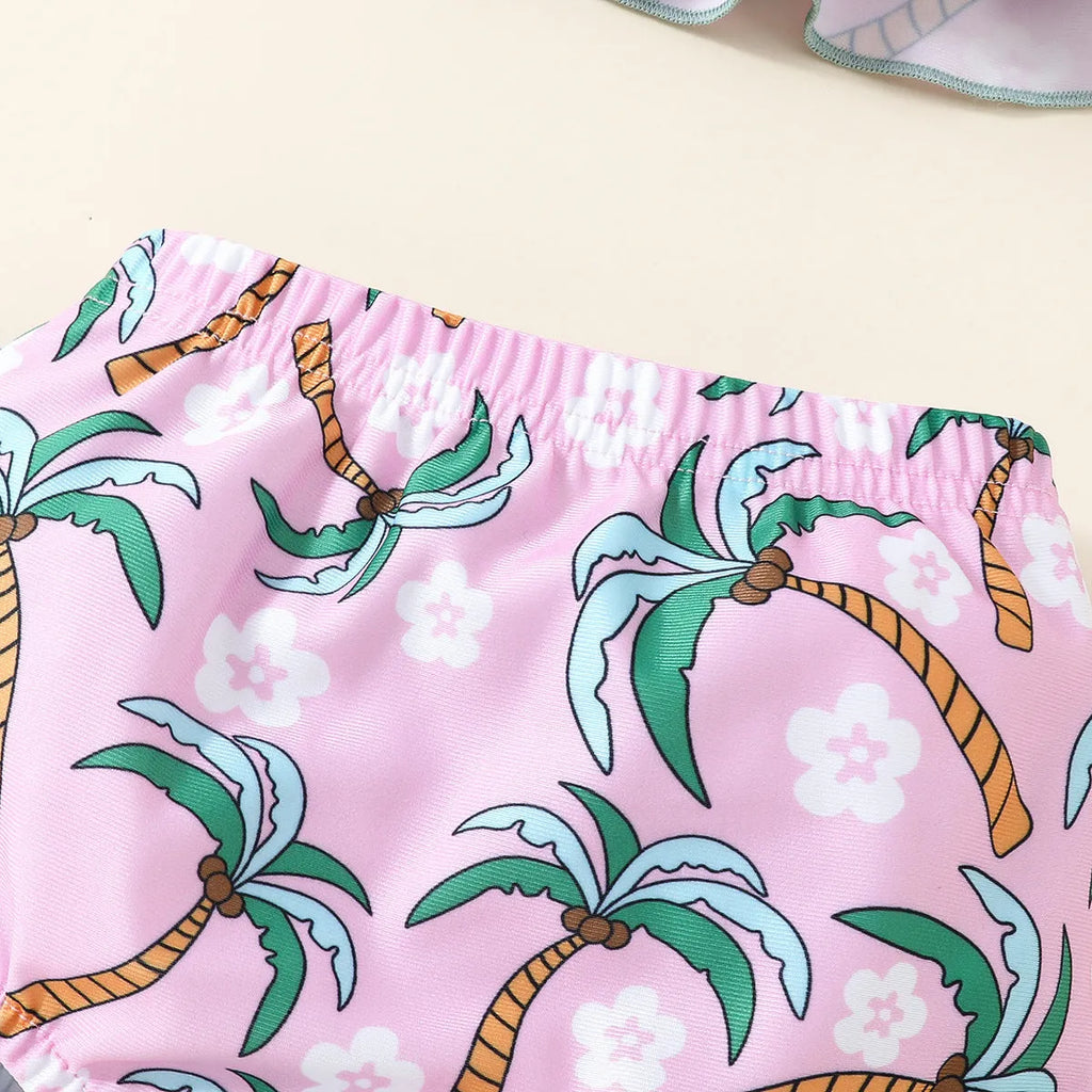 White children's two-piece polyester swimsuit set with top and shorts on a hanger.