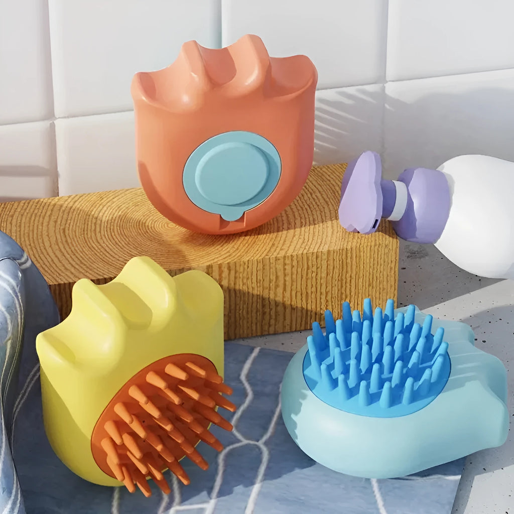 Blue pet bath brush with built-in shampoo box and massage comb bristles