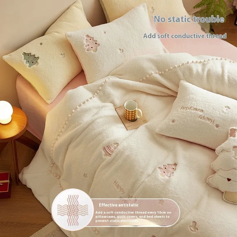 Milk fibre four-piece bedding set with green Christmas tree pattern including sheet, quilt cover and pillowcases