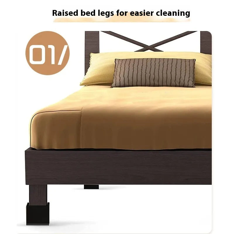 Set of four black thickened plastic bed foot mats for furniture height adjustment.