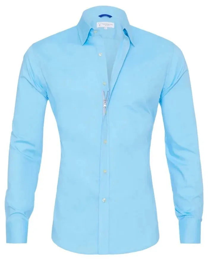 Men's long sleeve zipper shirt with lapel collar, solid colour cotton blend, slim fit, front zipper and button detail