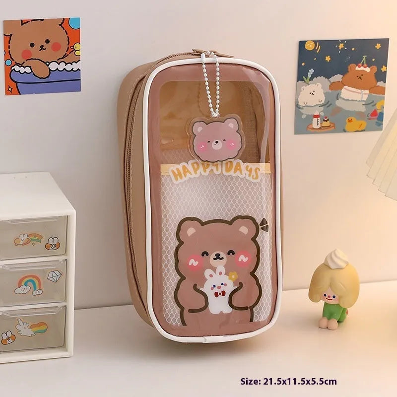 Transparent PVC pencil case with colourful cartoon character design