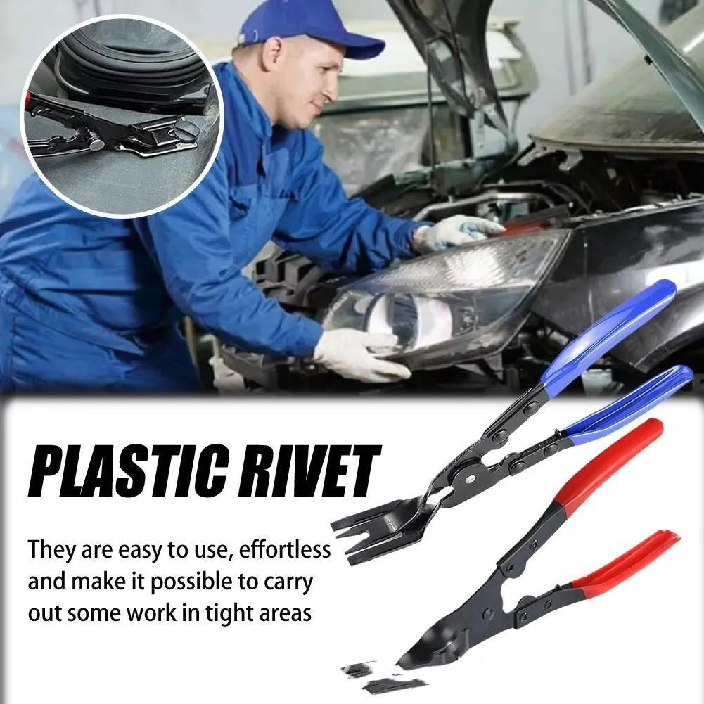 Blue steel car interior clip removal pliers tool showing 235mm length