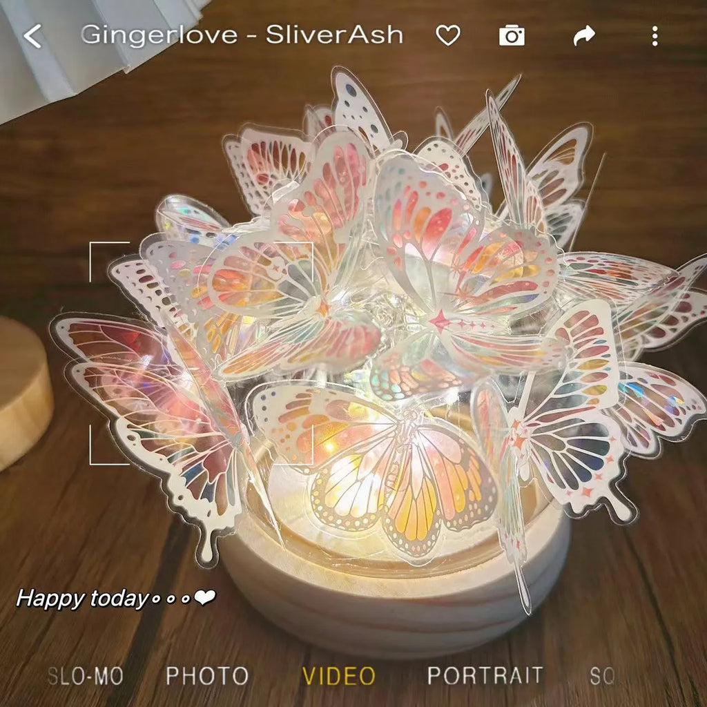 Handmade butterfly bedside lamp with glass shade and raw wood base in 12x15cm size