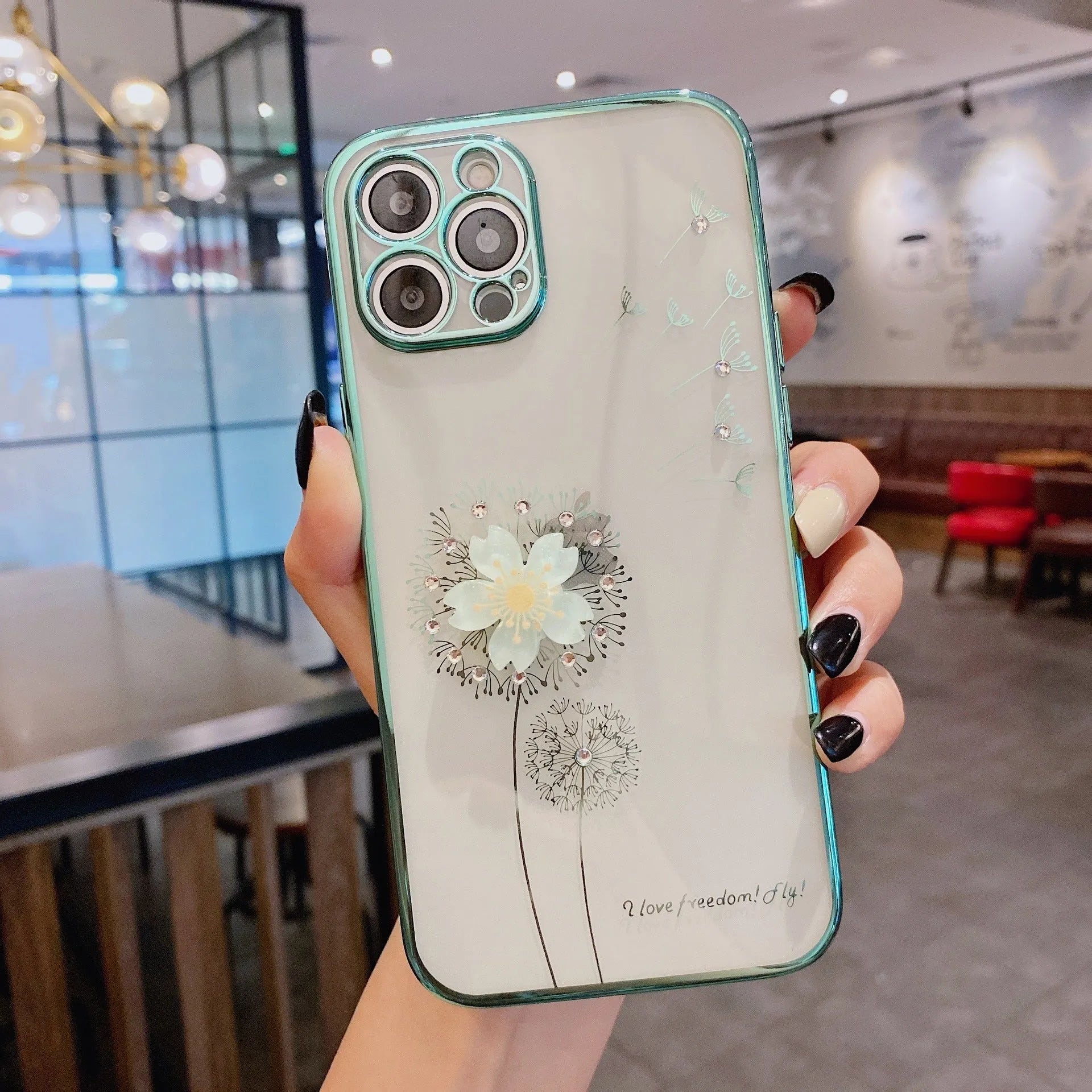 3D rotating flower silicone phone case for iPhone with built-in screen protector in green colour
