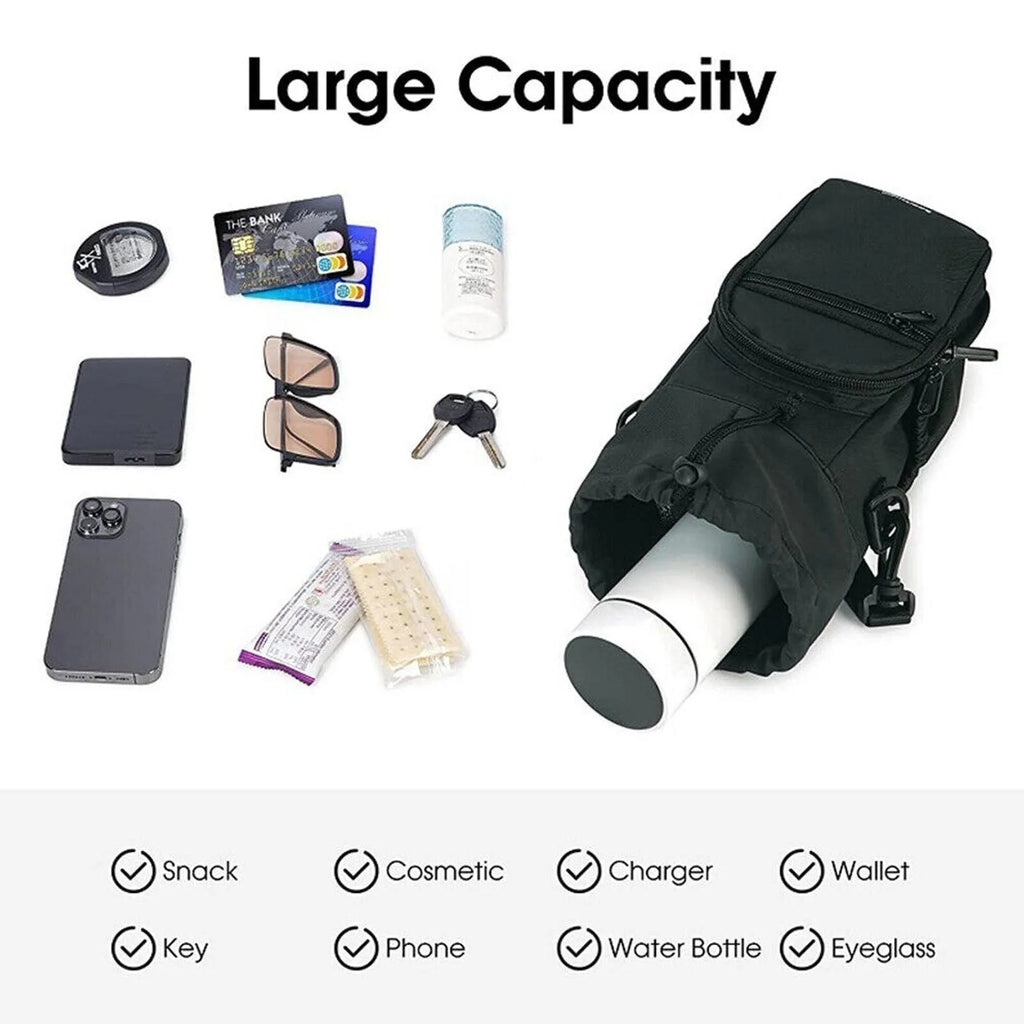 Cloth water bottle pouch with crossbody shoulder strap in black, green or pink colour