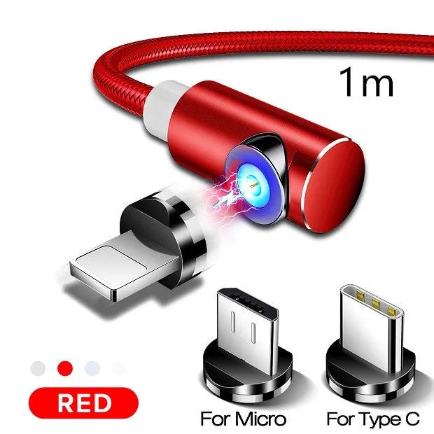 L-shape magnetic charging cable with aluminium housing in black, red, gold, or silver, showing Micro USB, Lightning and Type-C plug heads.