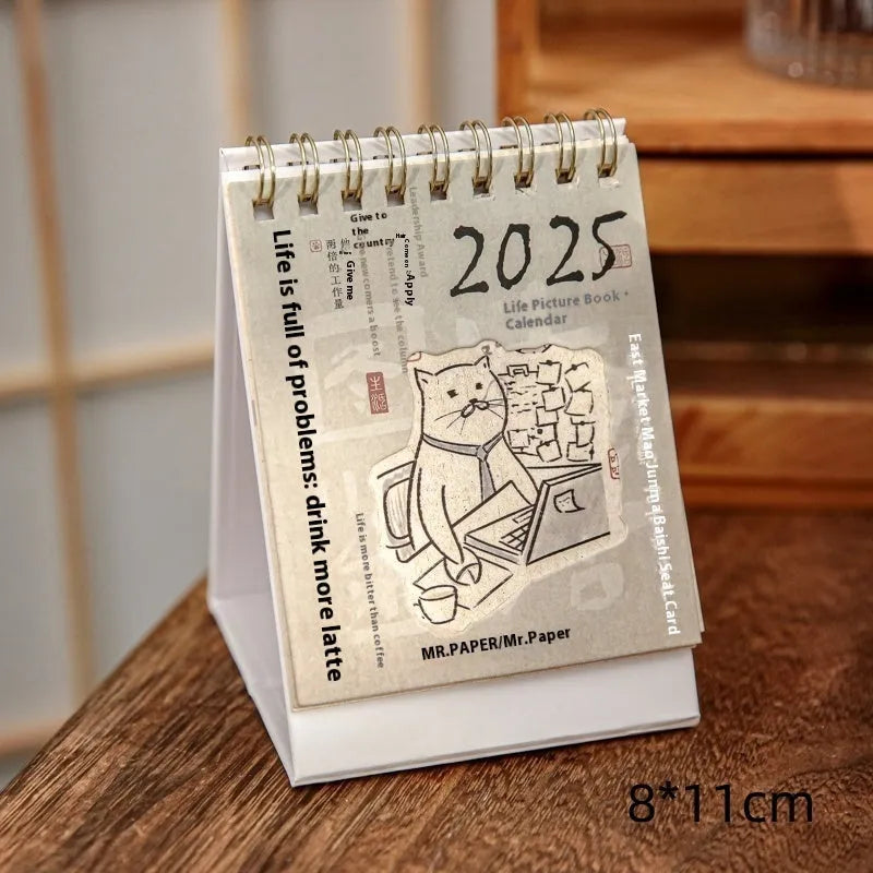 Coffee-themed 2025 mini desk calendar showing four simple modern design options