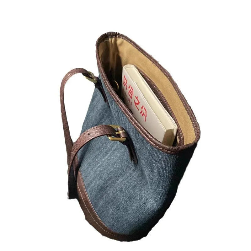 Denim colour patchwork retro bucket handbag with a single shoulder strap.