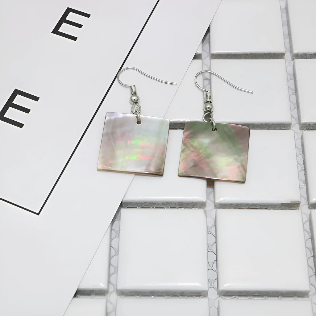 Shell earrings with geometric square panther and rectangular shell designs