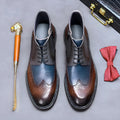 Men's Coffee Blue leather brogue boots with stitching detail and a low square heel.