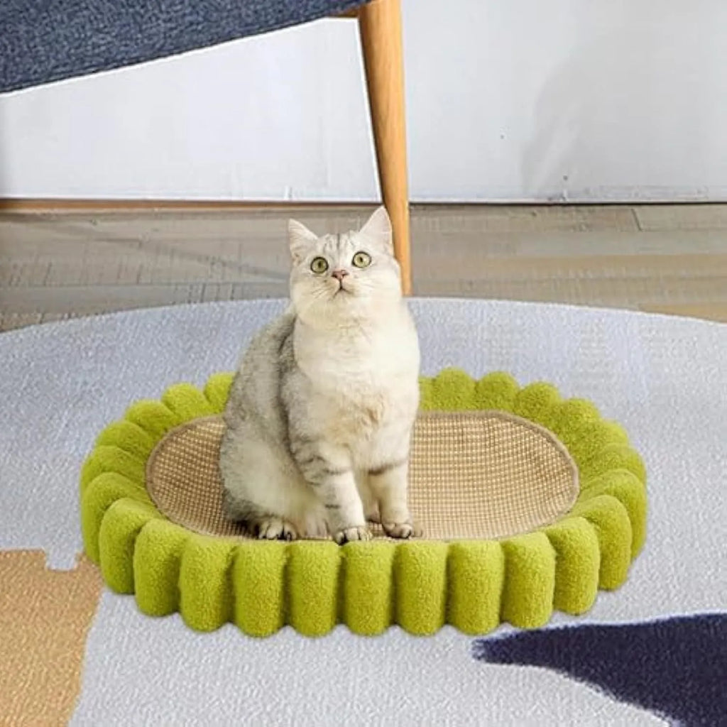 Green oval cat scratching pad with sisal surface measuring 65cm long, functioning as both scratcher and lounger bed