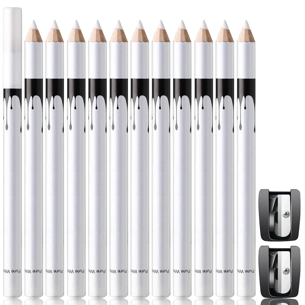 12 white and black waterproof eyeliner pencils with a sharpener arranged on a white background.