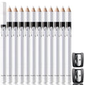 12 white and black waterproof eyeliner pencils with a sharpener arranged on a white background.
