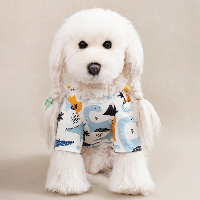 Printed polyester dog t-shirt for small dogs showing colourful design with size options S to XXL