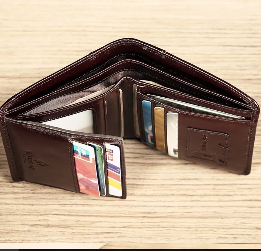 Men's leather wallet showing multiple internal compartments for cards, cash, coins and photos
