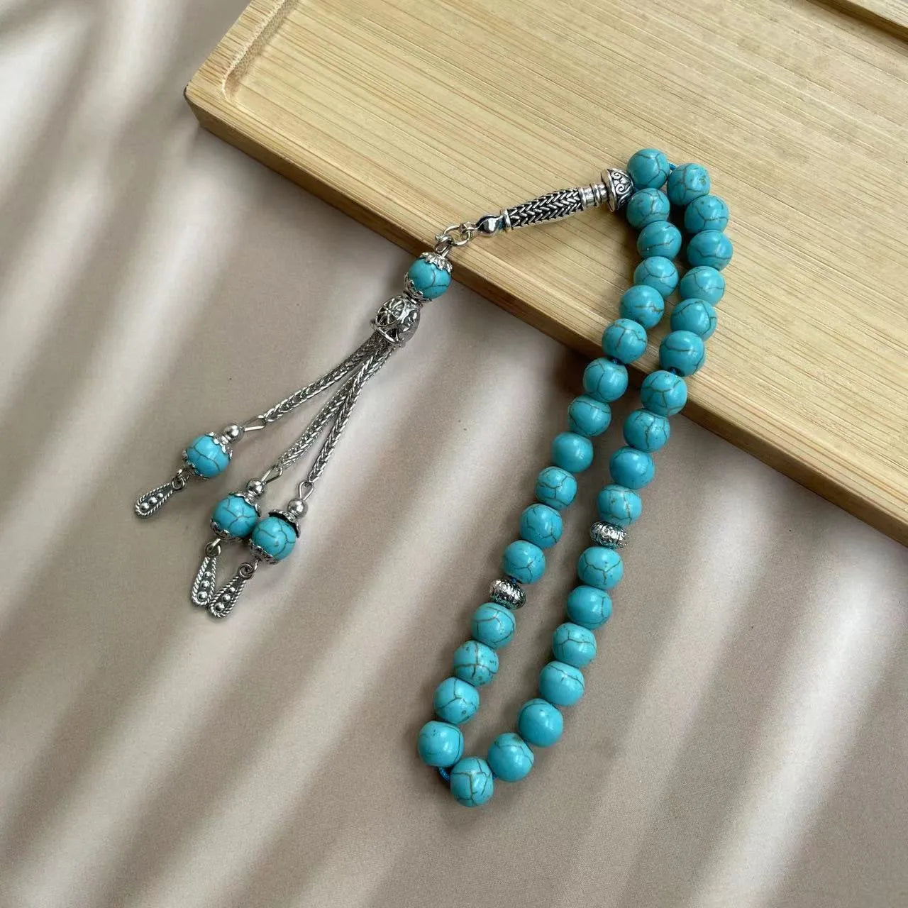 Handmade sky blue stone Muslim prayer bracelet with 8mm beads for Islamic worship and dhikr counting