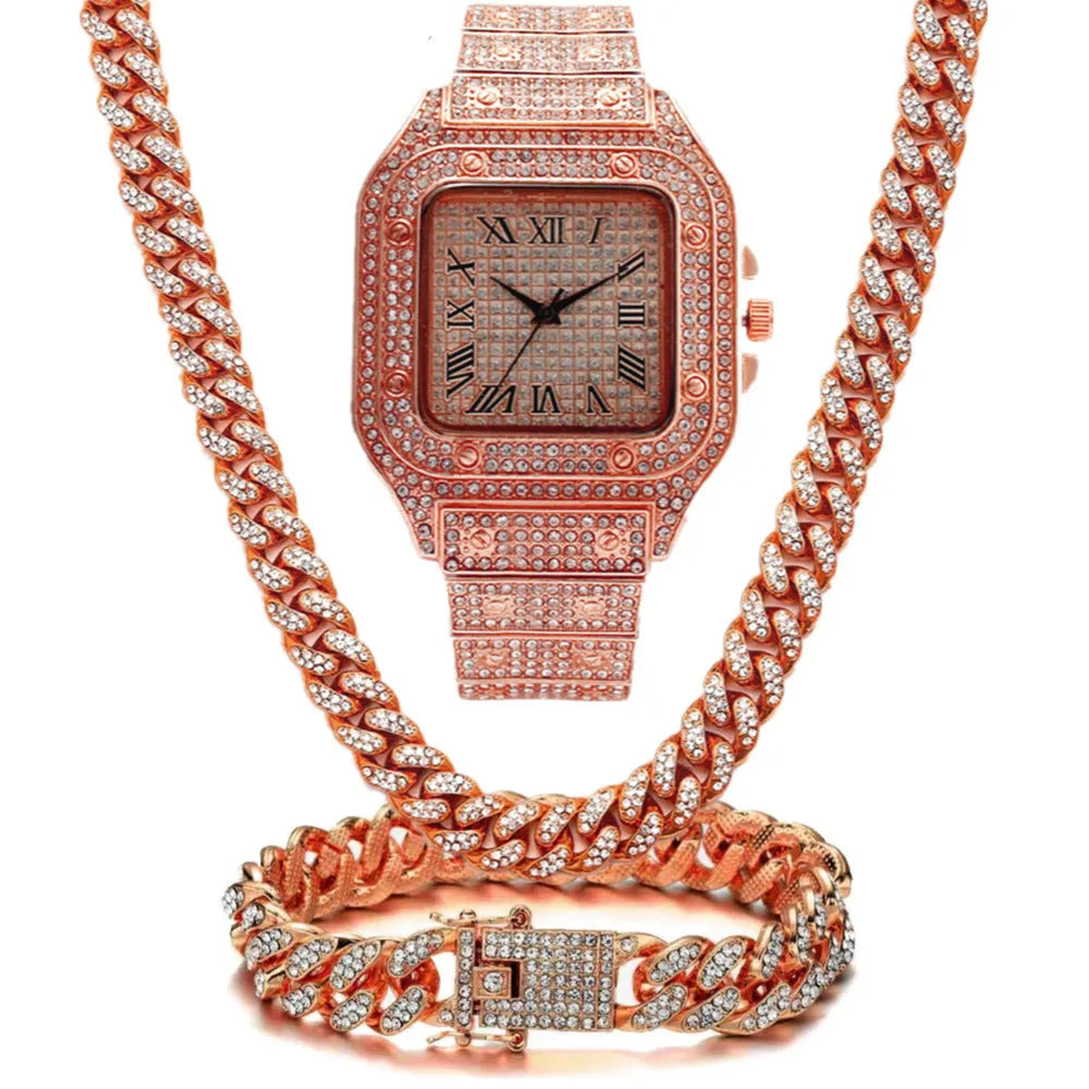 Roman numeral square dial quartz watch with black mesh band, bracelet and necklace set in gold tone