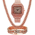 Roman numeral square dial quartz watch with black mesh band, bracelet and necklace set in gold tone