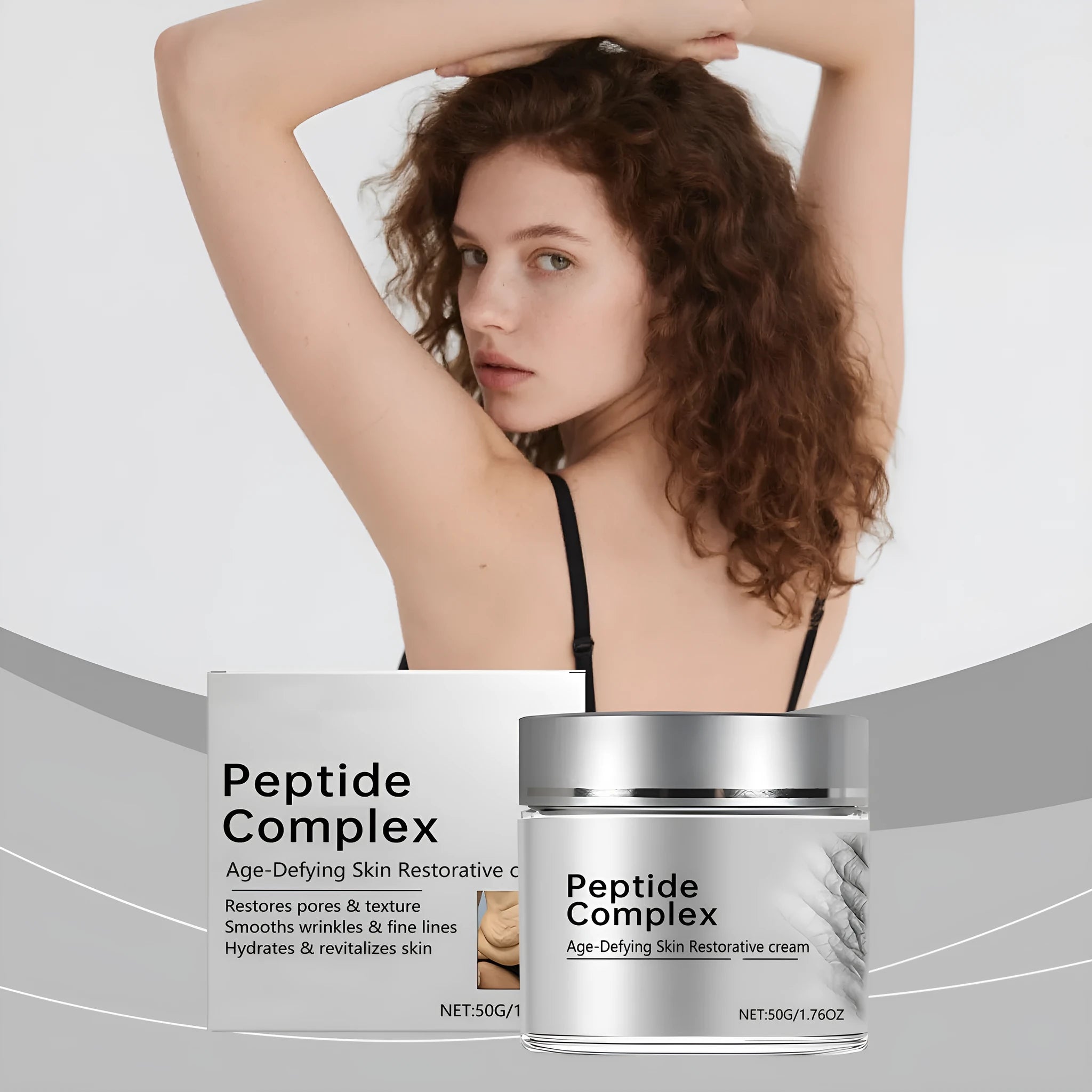 Skin Restorative Cream in a white jar, 50g net weight, with peptide formula for firming and moisture
