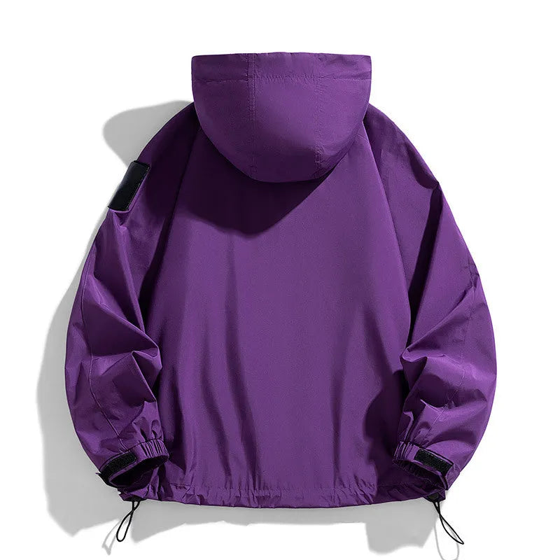 Men's waterproof windproof hooded jacket in black purple ginger yellow colours showing front view
