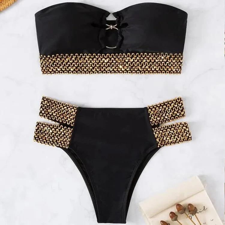 Hollow beach bikini split swimsuit with chest pad in black, nylon fabric, front view