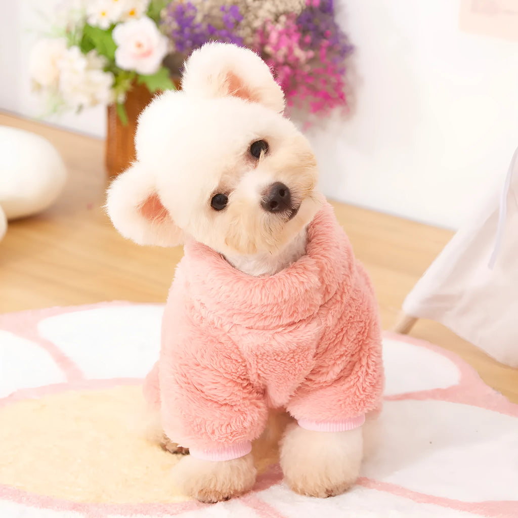 Khaki four-legged dog clothes with high collar and towing ring made of double-sided plush fabric
