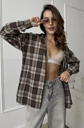 Dark brown striped women's long sleeve shirt in retro style, shown with and without a chest pocket.