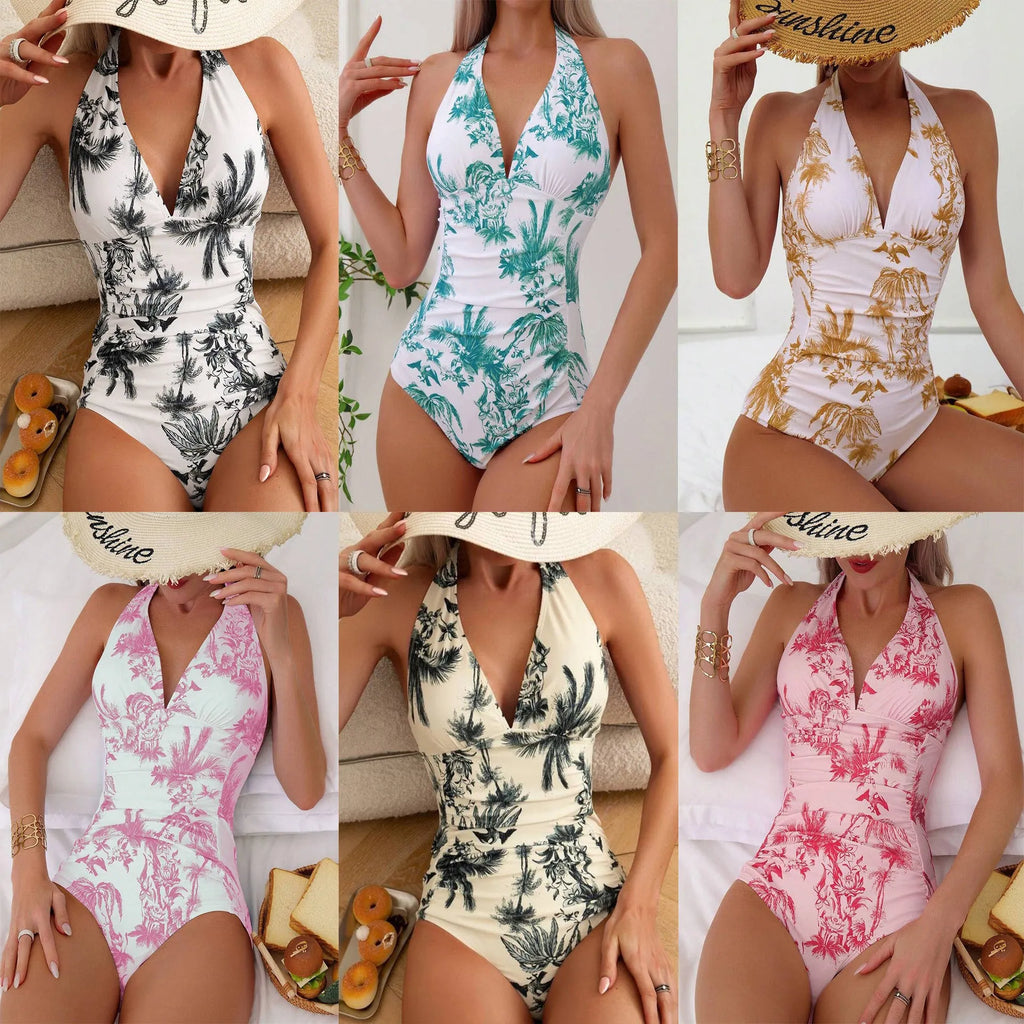 Women's printed V-neck one-piece swimsuit in apricot colour on a mannequin.