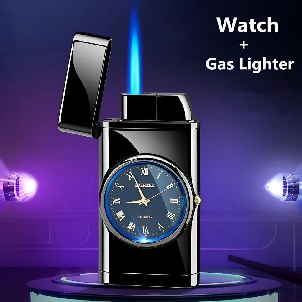 Electronic watch cigarette lighter with LED flashing lamp in metal body showing multiple colour finish options