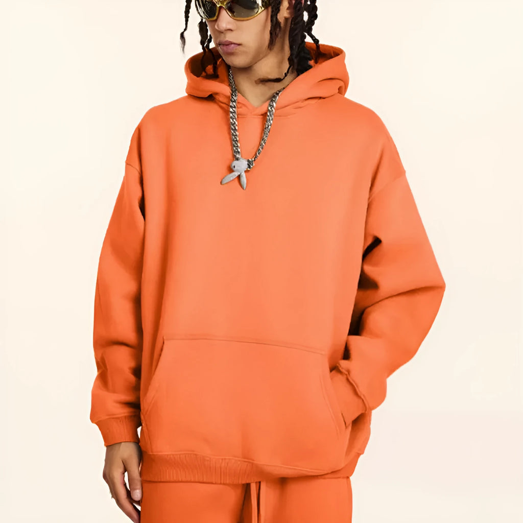 450g terry cotton men's hooded sweater in loose fit with drop-shoulder sleeves