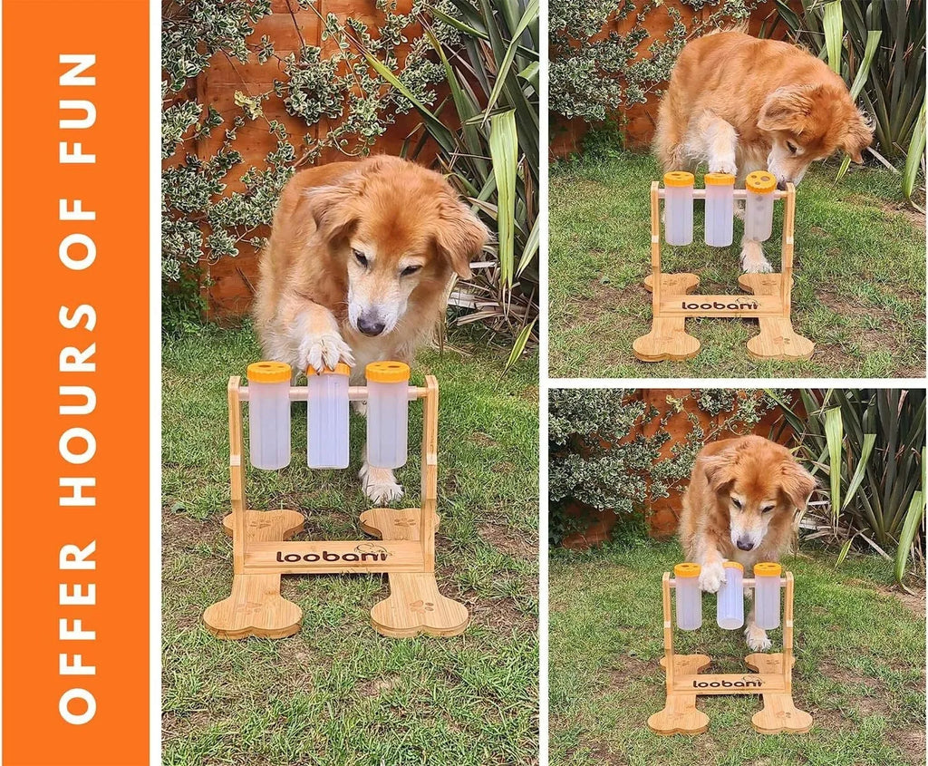 Natural wood colour dog puzzle toy measuring 31x30x20cm with treat dispensing mechanism