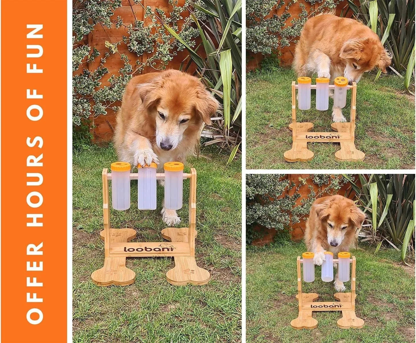Natural wood colour dog puzzle toy measuring 31x30x20cm with treat dispensing mechanism