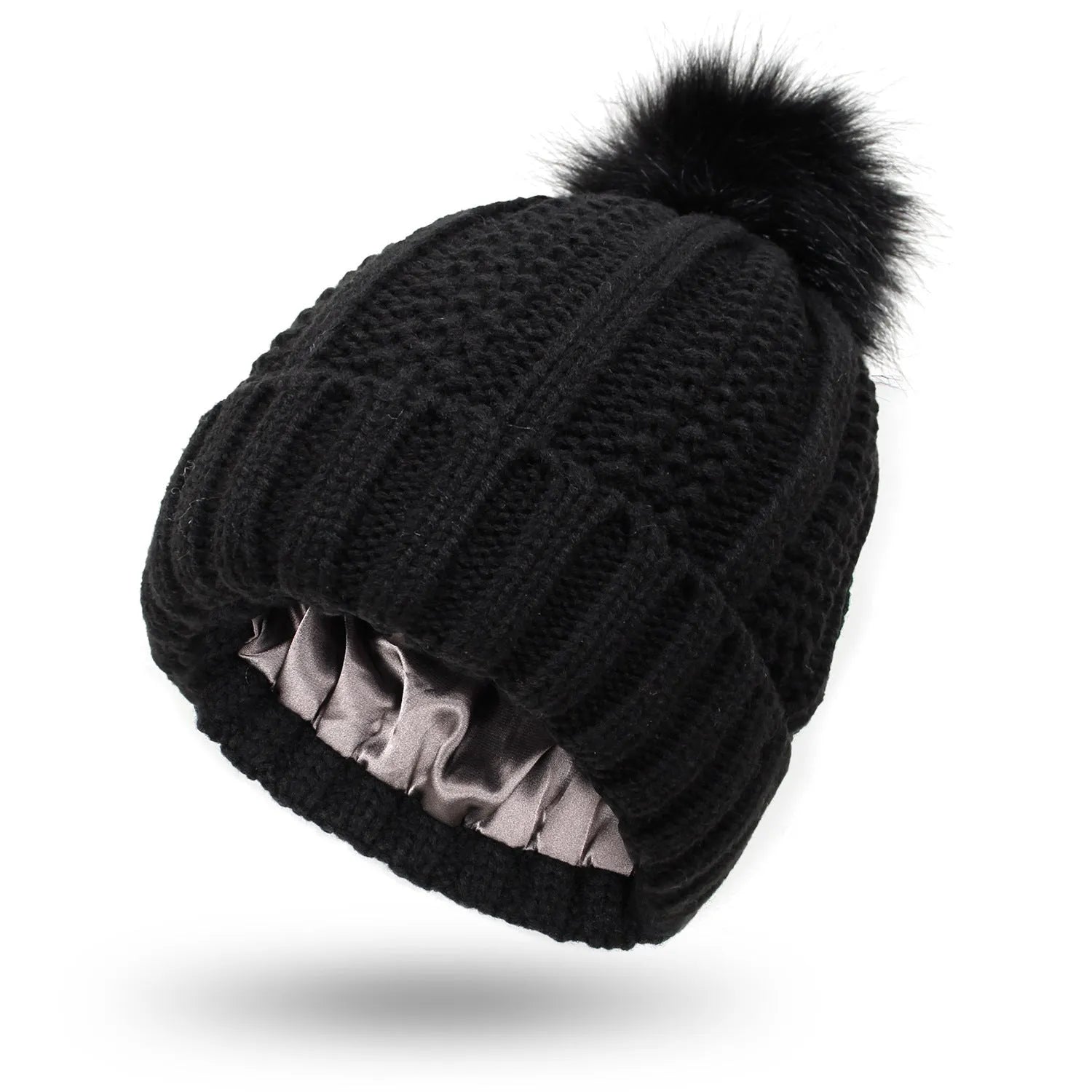 Wool beanie hat with satin lining and faux fur pom pom in wine red colour