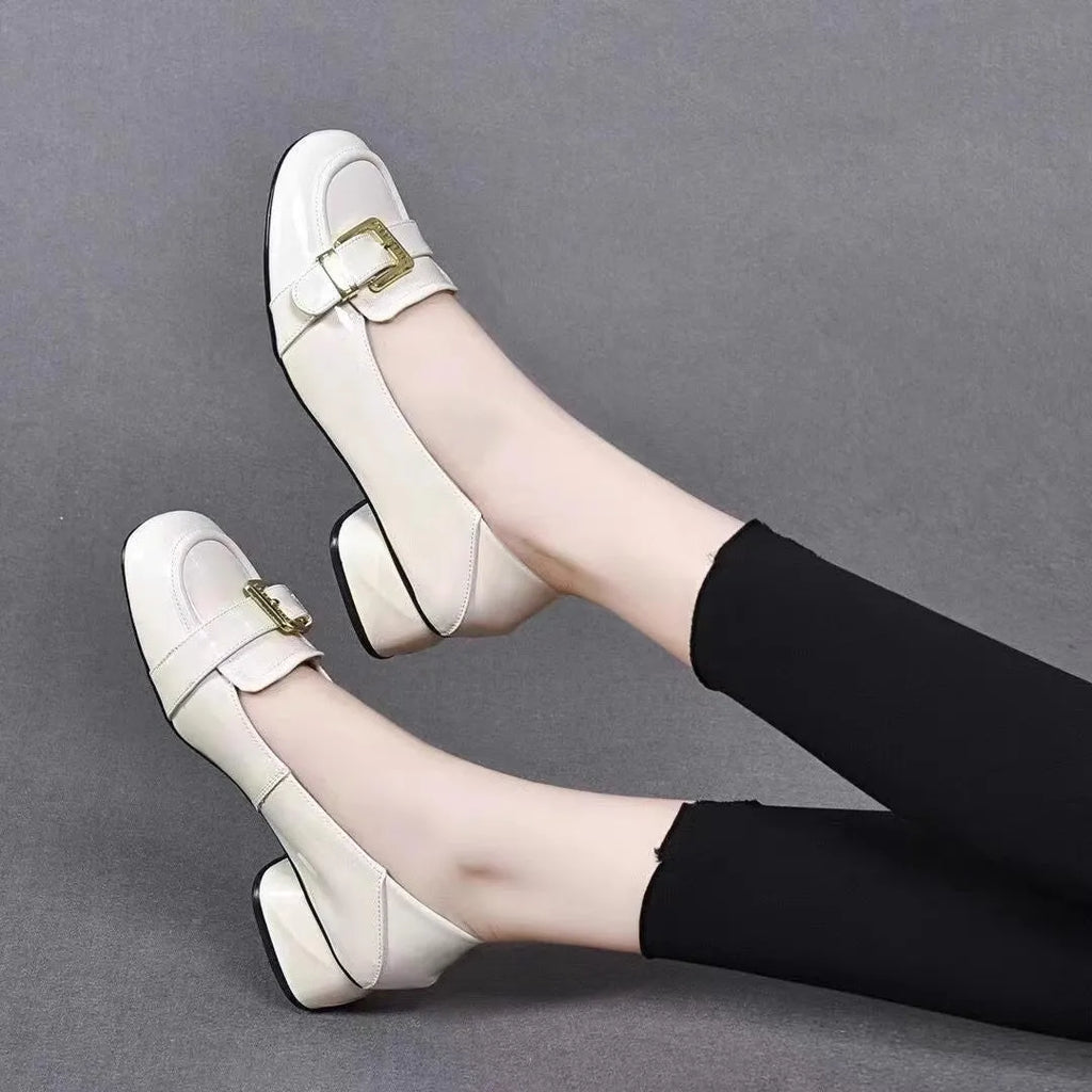 Pair of new British soft-soled women's flats in solid colour black with square heel and cowhide upper
