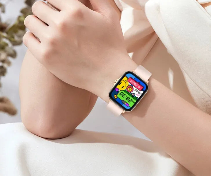 Black smart watch with 1.7-inch colour touch screen on adjustable strap, showing fitness tracking interface.