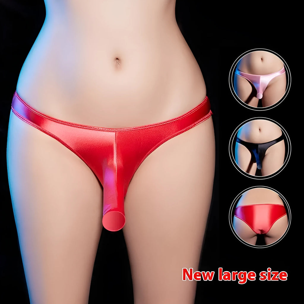 Men's low waist T-back underwear in shiny black nylon fabric