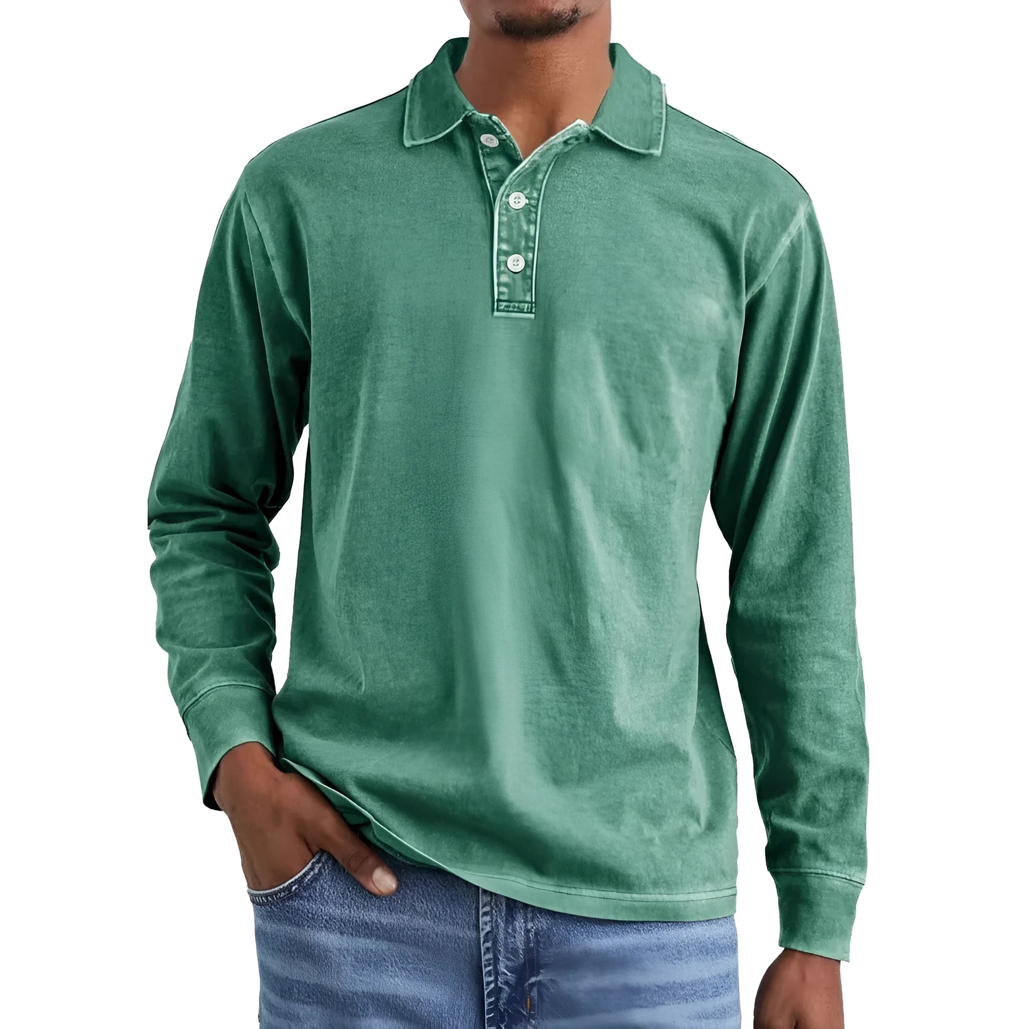 Men's retro washed distressed cotton lapel collar long sleeve polo shirt in army green